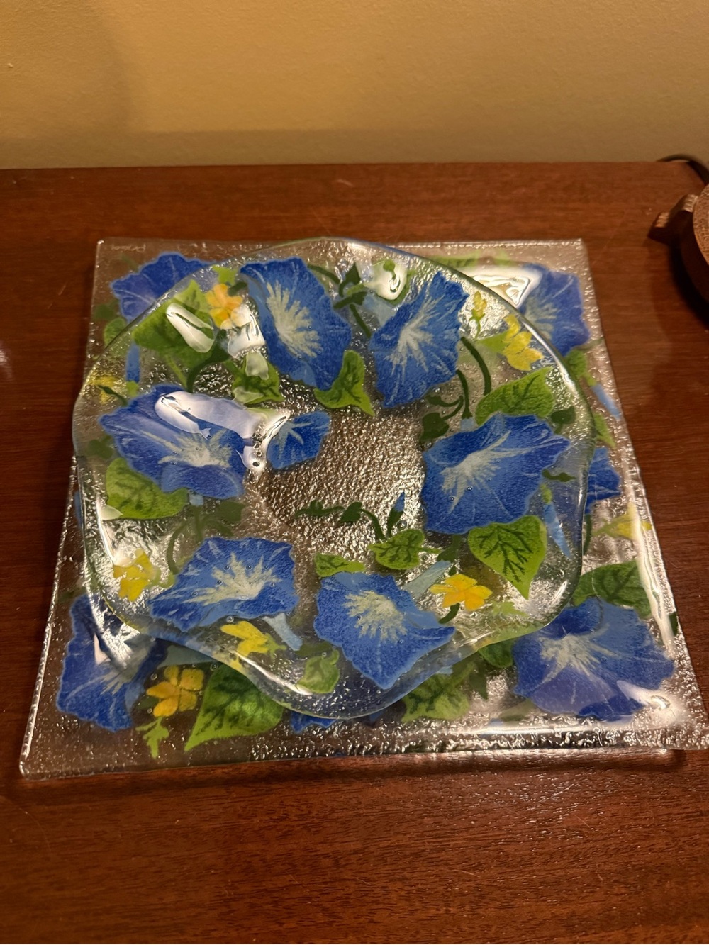 Fused Glass Morning Glory Decorative Plate & Bowl. Blue and Green - Peggy Karr